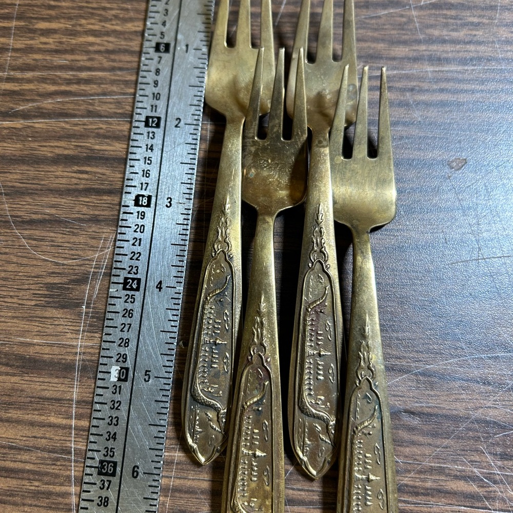 Vintage Brass Flatware Dragon Viking Ship Design Set of 4 Cocktail Shrimp Forks